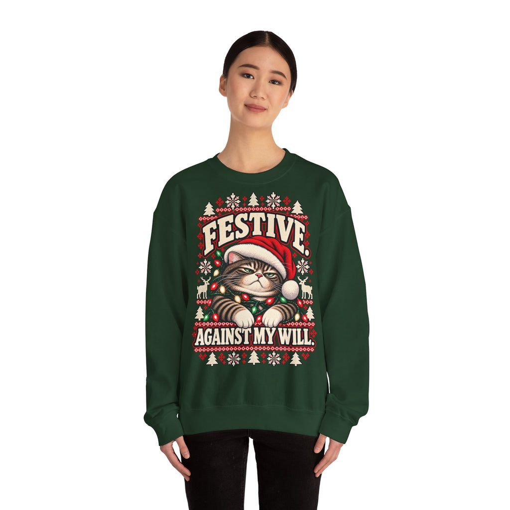 Model wearing a forest green Festive Against My Will grumpy cat Christmas sweatshirt