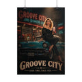 Vintage 1950s pin-up diner poster with classic turquoise car and Groove City Good Times Since 1958 design