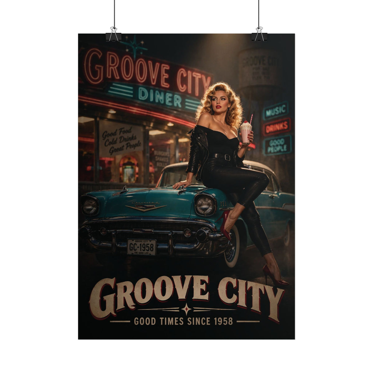 Vintage 1950s pin-up diner poster with classic turquoise car and Groove City Good Times Since 1958 design