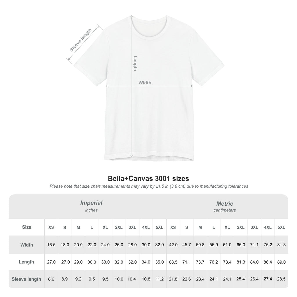 Bella+Canvas 3001 unisex t-shirt size chart showing width, length and sleeve measurements in centimeters and inches, sizes XS to 5XL.