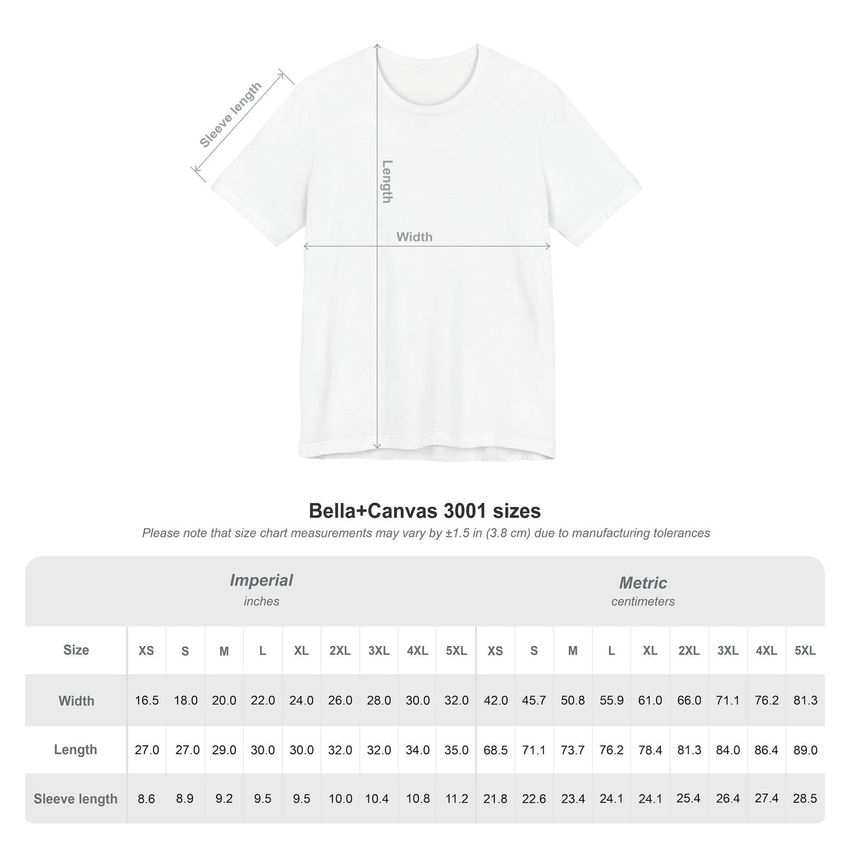 Bella+Canvas 3001 unisex t-shirt size chart showing width, length and sleeve measurements in centimeters and inches, sizes XS to 5XL.
