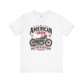 White vintage motorcycle t-shirt featuring American Iron Route 88 bobber artwork in retro red and black style – Groove City Co.