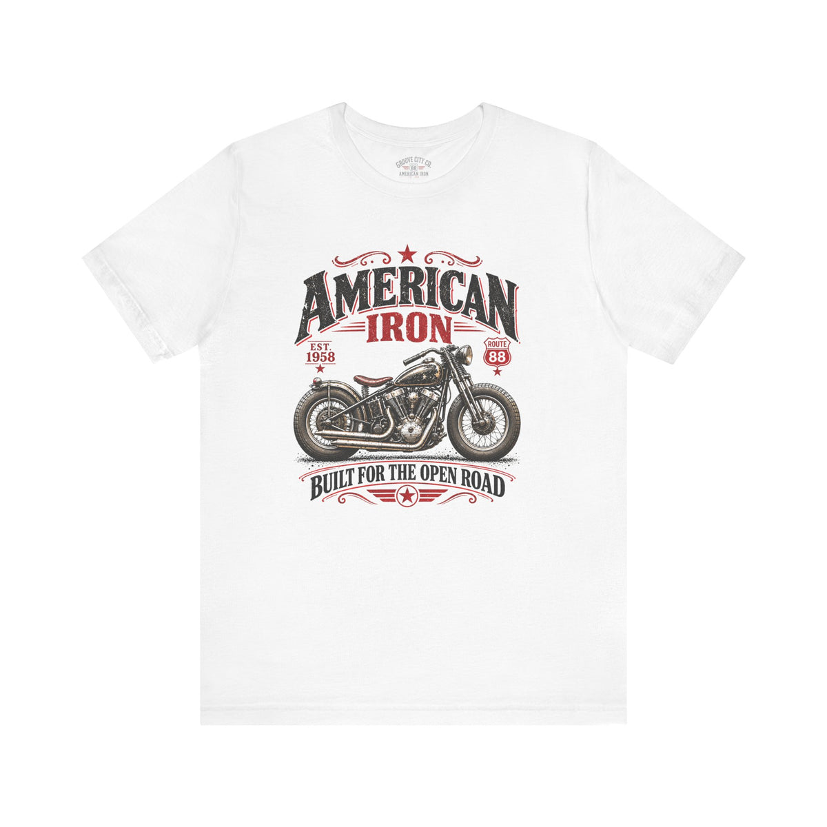 White vintage motorcycle t-shirt featuring American Iron Route 88 bobber artwork in retro red and black style – Groove City Co.