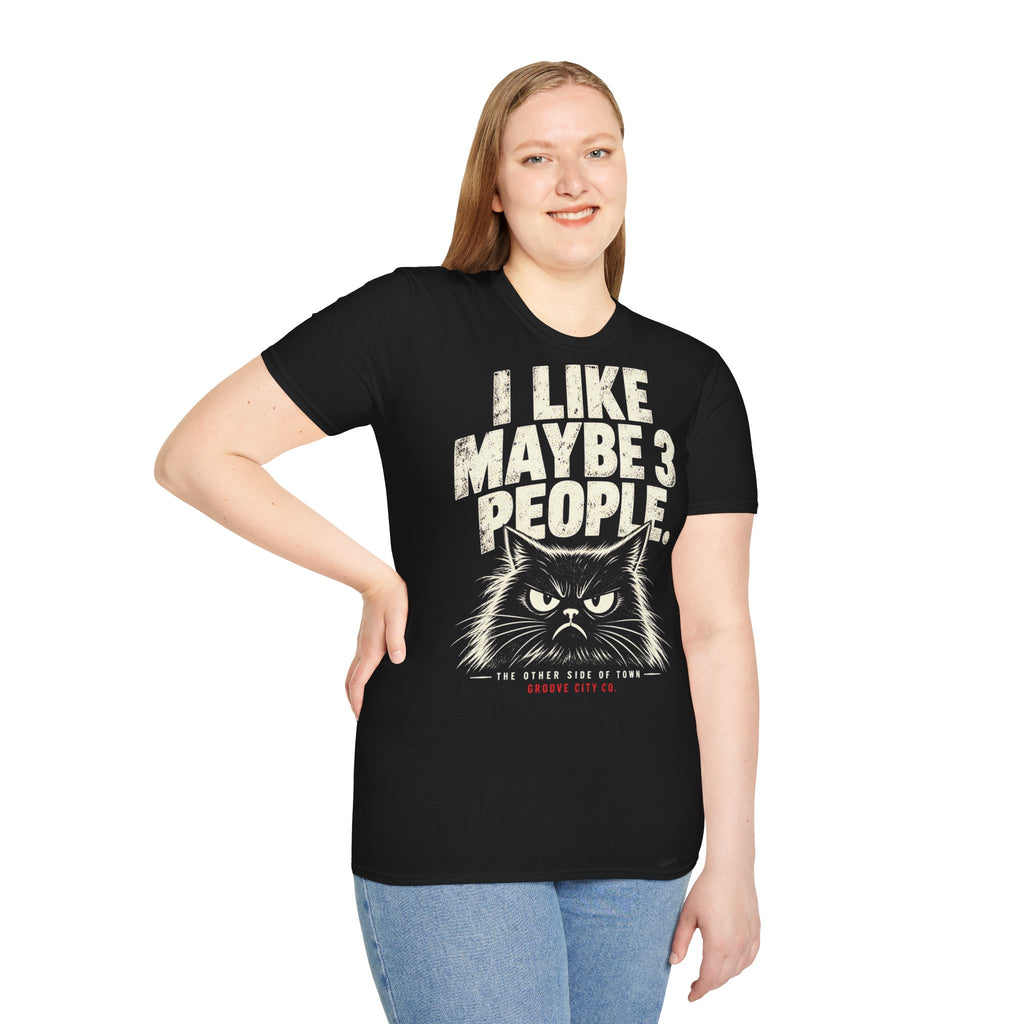 Woman wearing black I Like Maybe 3 People grumpy cat T-shirt.