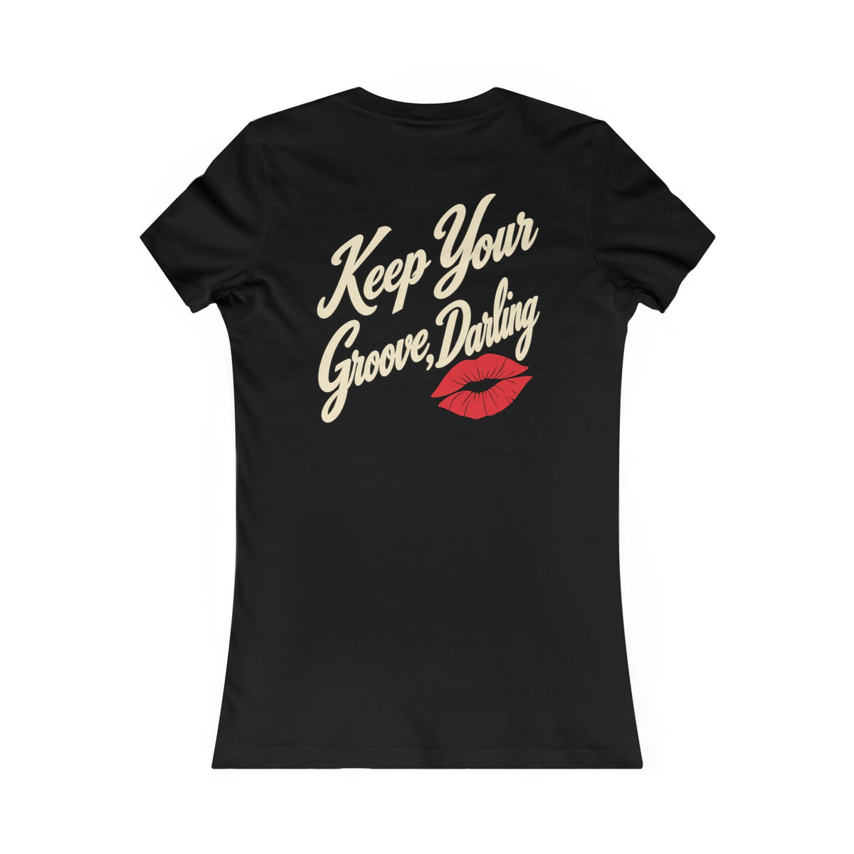 Women's retro graphic T-shirt with Keep Your Groove Darling back print and red lips