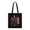Black organic cotton tote bag with vintage cat illustration, red neckerchief and Good Things Take Time lettering – Groove City Co.