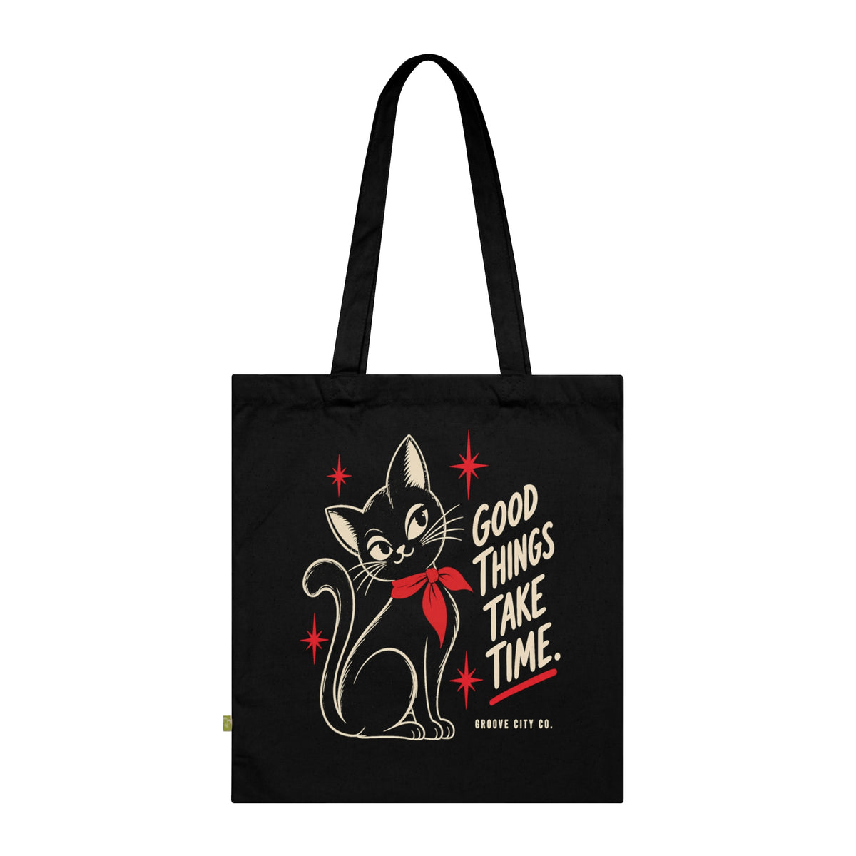 Black organic cotton tote bag with vintage cat illustration, red neckerchief and Good Things Take Time lettering – Groove City Co.