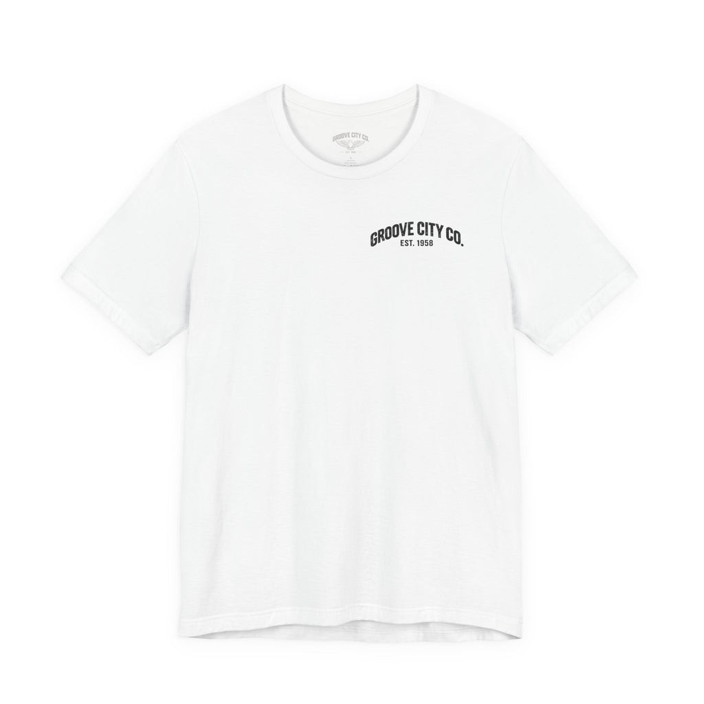 White Groove City Co. vintage eagle graphic T-shirt with a small retro chest logo, front view.