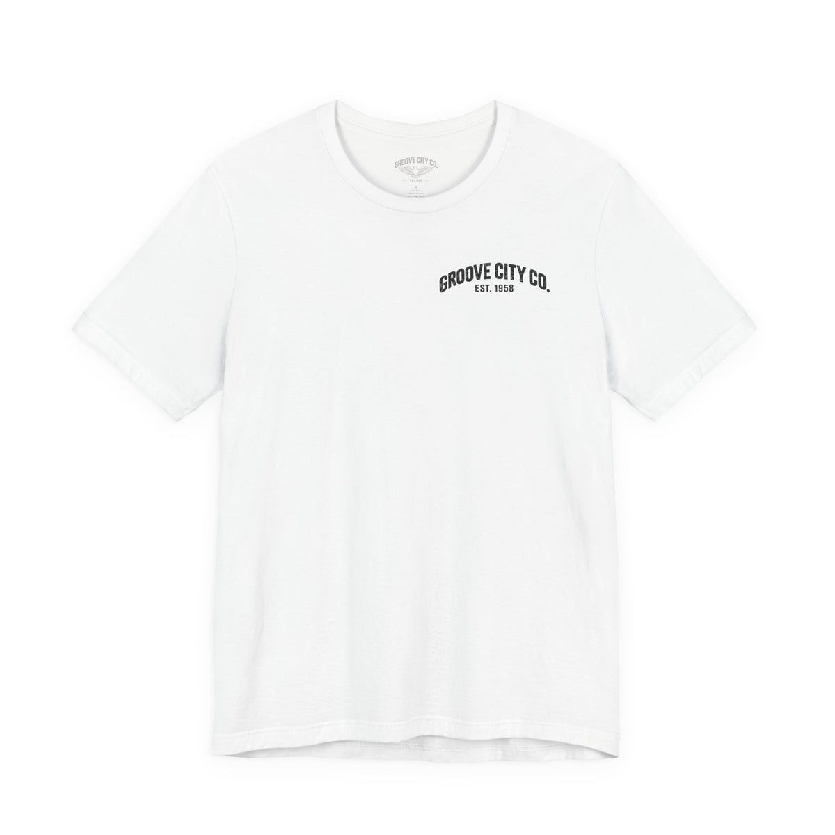 White Groove City Co. vintage eagle graphic T-shirt with a small retro chest logo, front view.