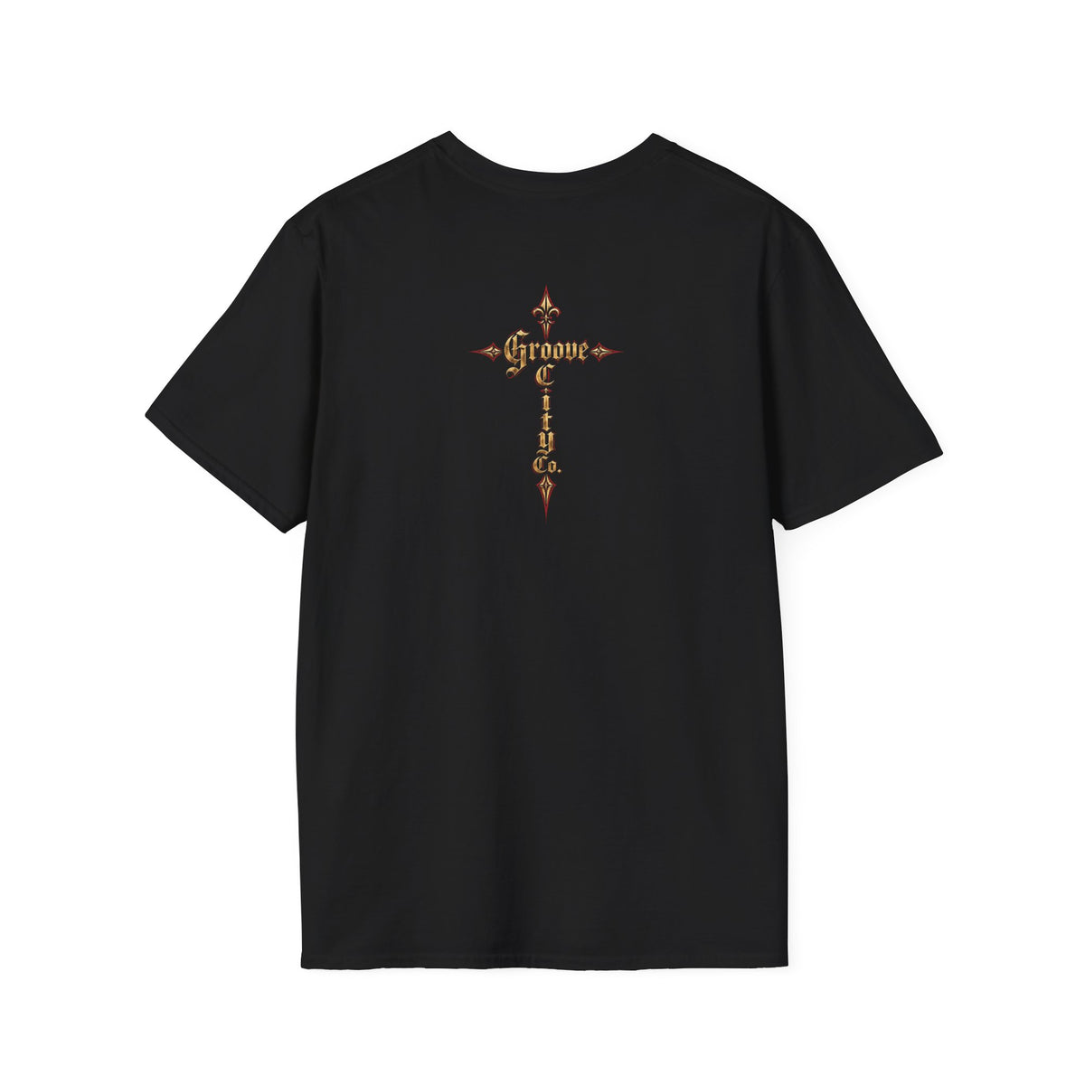 Back view of the Holy Attitude black T-shirt featuring a vintage Gothic-style Groove City Co. cross design.