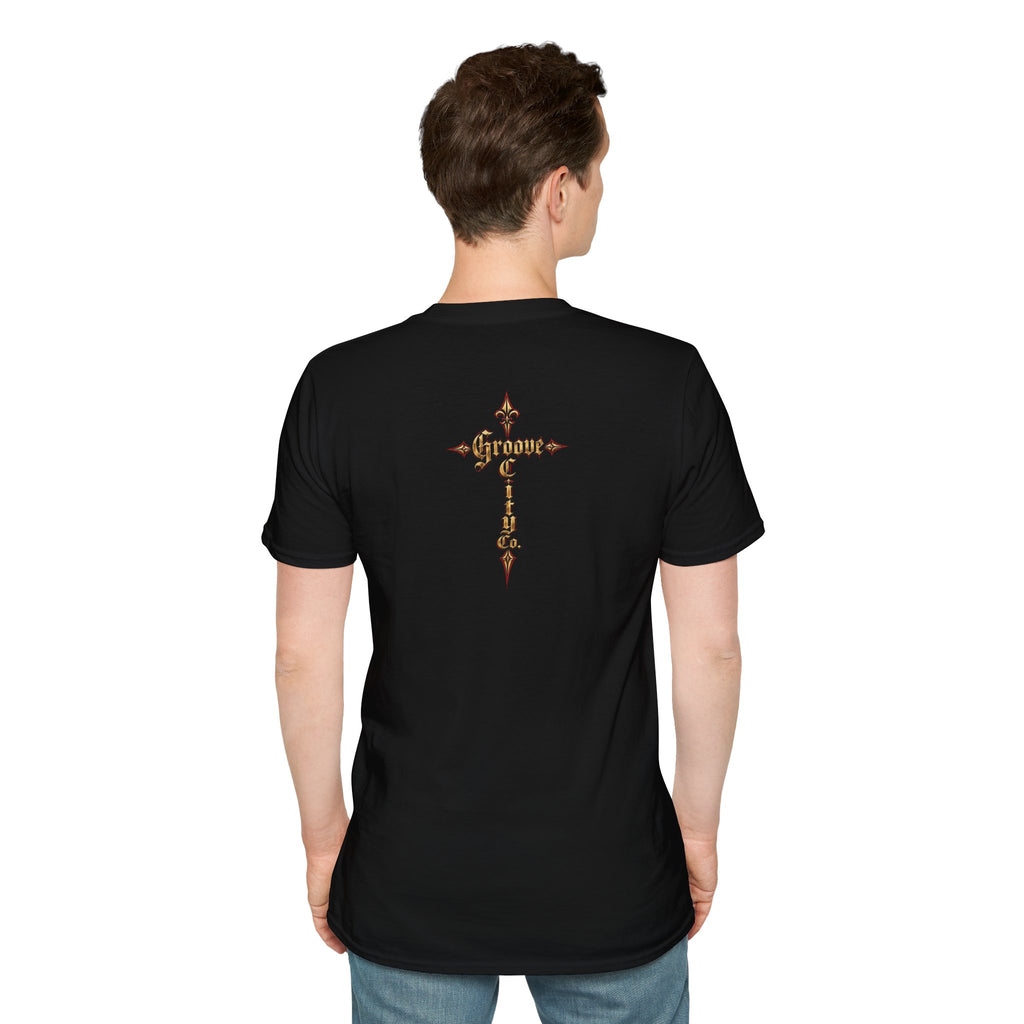 Back view of a man wearing the Holy Attitude black unisex T-shirt with a Gothic-style Groove City Co. cross print.