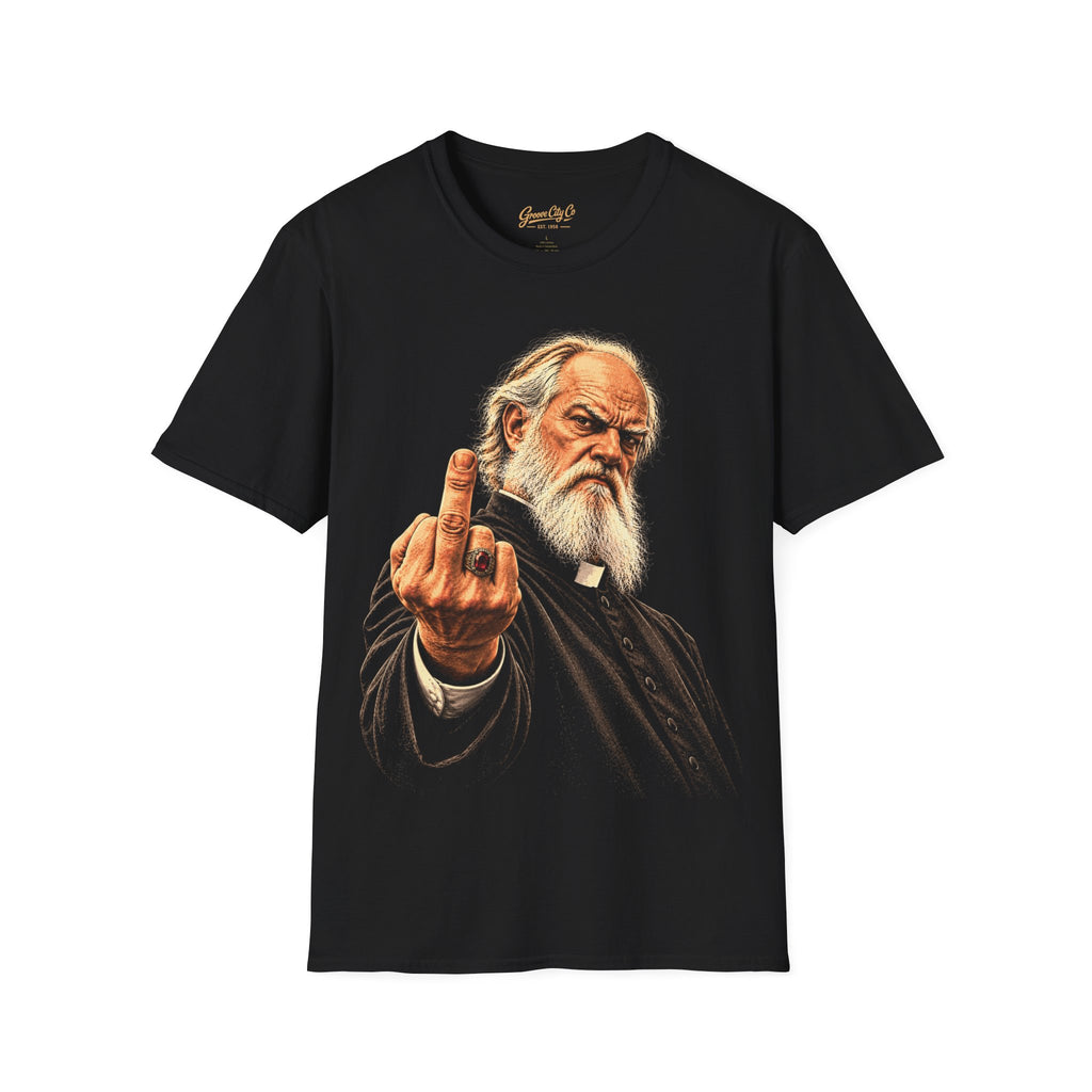 Holy Attitude vintage rebel priest graphic T-shirt in black by Groove City Co.