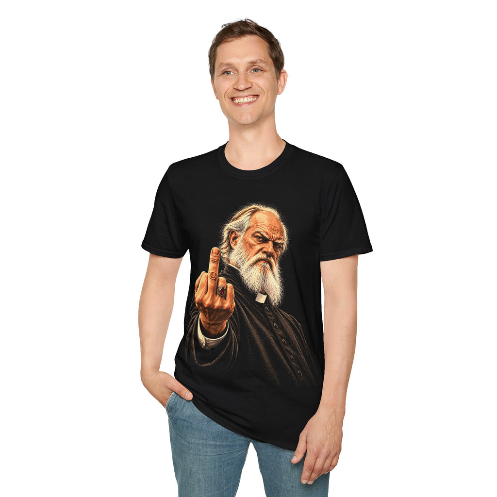 Man wearing a black Holy Attitude unisex T-shirt with vintage rebel priest artwork by Groove City Co.
